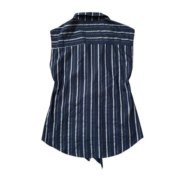 Ellen Tracy M Sleeveless Tie Front Top | Navy Blue Gold Stripe Soft Drape Career - Picture 2 of 6